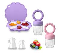 Fruit Feeder for Babies (4M+) - Includes Teething Dummy & Breast Milk Freezer Mold, BPA Free Fruit Feeder Pacifier for Baby Weaning Gum Soothing & Self-Feeding (Tato Purple/Candy Pink, 3Pack)