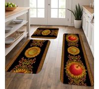 Fruit Kitchen Mats for Floor, Black Apples Vintage Floral Soft Mats, Cushioned Comfort Washable Non Slip Decor Rugs for Kitchen Sinks Laundryroom Bathroom 3Pcs