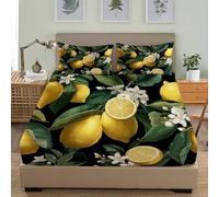 Fruit Lemon Pattern Soft Cozy Brushed Microfibre Fitted Sheet Set Single 36x75 inch 30cm Deep Pocket Green Fitted Bed Sheet Breathable Hypoallergenic Bedding for Boys Girls Room Decor