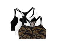 Fruit of the Loom Women's Spaghetti Strap Cotton Pull Over 3 Pack Sports Bra in Fashion Colors, Opaque, Petite Modern Camo/White/Black, 36 (Pack of 3)