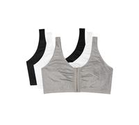 Fruit of the Loom womens Front Closure Cotton Sports Bra Black/White/Heather Grey 3-pack 36 US