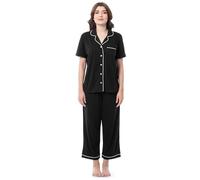 Fruit of the Loom Women's Pipped Button Down Sleep Set, Black, S