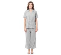 Fruit of the Loom Women's Pipped Button Down Sleep Set Light Grey Heather