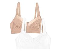 Fruit of the Loom Women's Seamed Soft Cup Wirefree Cotton Bra with Satin Trim Full Coverage, Opaque, Sand/White, 38C (Pack of 2)