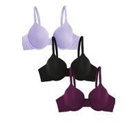 Fruit of The Loom Women's Smooth Cotton T-Shirt Bra-Ultra-Soft, Flexible, and Invisible Under Tees, Opaque, Lilac Whisper/Purple Velvet/Black, 34DD (Pack of 3)