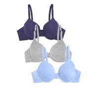Fruit of the Loom Women's Smooth Cotton T-Shirt Bra-Ultra-Soft, Flexible, and Invisible Under Tees, Semi-Sheer NA, Deja Blue/Skipper Blue/Grey Heather, 36D (Pack of 3)