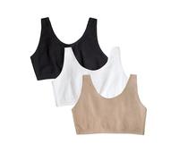 Fruit of the Loom Women's Spaghetti Strap Cotton Sports Bra-All-Day Comfort, Opaque, White/Sand/Black, 36 (Pack of 3)