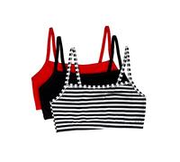 Fruit of the Loom Women's Spaghetti Strap Cotton Sports Bra-All-Day Comfort & Easy Movement, Opaque, Skinny Stripe/Black Hue/Red Hot, 32 (Pack of 3)
