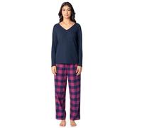 Fruit of the Loom Women's Waffle V-Neck Top and Flannel Pant Sleep Set, Navy/Pink Plaid, M
