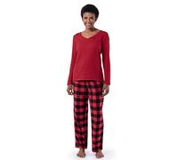 Fruit of the Loom Women's Waffle V-Neck Top and Flannel Pant Sleep Set Pyjama Set, Radiant Red/Buffalo Check, M