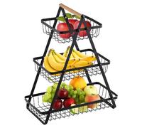 Fruit Organizer Stand - Countertop Fruit Basket Bowl for Kitchen | 3 Tiers Rectangle Detachable Fuit Stand Display with Wood Handle | Living Room Table Storage for Bread, Snack, Veggies, Fruit, Gadget