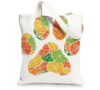 Fruit Paw Print Canvas Tote Bags, Colorful Citrus Pattern Reusable Shopping Bags, Fun Playful Eco-Friendly Lightweight Canvas Bags for Gym Outdoor Travel Beach 13x15 Inch