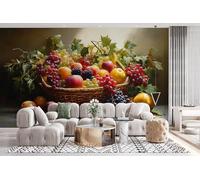 Fruit Photo Wallpaper for Bedroom Vintage Fruit Basket Oil Painting 3D Small Wall Mural, Removable Peel and Stick Self-Adhesive Wall Decal for Boys Girls Living Room Office Decor 138"x 101" 13U-28