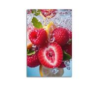 Fruit Poster Raspberries Sliced Lemon Ice Splash Blue Poster Wall Art Canvas Aesthetic Cover Painting for Living Room Bed Room 12x18inch(30x45cm) Unframe-style