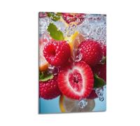 Fruit Poster Raspberries Sliced Lemon Ice Splash Blue Poster Wall Art Canvas Aesthetic Cover Painting for Living Room Bed Room 24x36inch(60x90cm) Frame-style