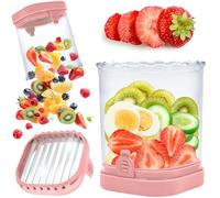 Fruit Slicer Cup, Strawberry Slicer Cup for Fruits and Vegetables Strawberry Cutter With Removable Blades & Food Push Plate (Pink)