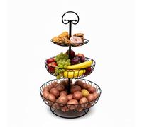 Relaxdays Fruit Bowl, 3-tier, metal, HxD: 47 x 30 cm, fruit, vegetables, with handle, decorative, black