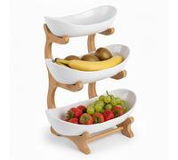 Relaxdays Bamboo Fruit Stand, 3 tiers, HWD: 34x25x10 cm, tiered bowl, fruit & veg, kitchen fruit holder, natural/white