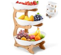 Fruit Stand with 3 Levels - Fruit Bowl with Bamboo Stand, Space-Saving Fruit Basket Stand for the Family, Serving Plate for Serving Food for Vegetables, Fruits, Snacks, Biscuits, Desserts (White)