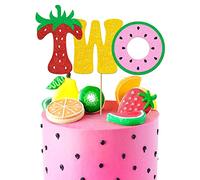 Fruit Two Cake Topper Glitter Gold Fruity Two Cake Decorations for Girls Boys Strawberry Watermelon Pineapple Summer Fruits Happy Birthday Decorations Party Supplies for Baby Shower Kids