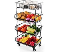 Fruit Vegetable Storage Basket Rack, 4 Tier Stackable Metal Wire Storage Baskets on Wheels, Fruit Vegetable Produce Basket Organizer Bins for Kitchen, Pantry, Bathroom Black