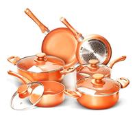 FRUITEAM 10pcs Cookware Set Ceramic Nonstick Soup Pot/Milk Pot/Frying Pans Set | Copper Aluminum Pan with Lid, Induction Gas Compatible, 1 Year Warranty Mothers Day Gifts for Wife
