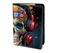 Fruits and flowers Travel Passport Holder Cover Wallet Leather Case Travel Essentials Luggage Accessories, Flower Skulls Listening To Music, One Size, Contemporary