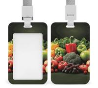 Fruits and Vegetables ID Badge Holder with Lanyard Vertical Badge Reel Clip Durable Clear Window Name Tag ABS Plastic Push-Pull Design ID Card Holder for Office, Nurses, Employees