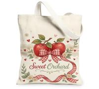 Fruits Canvas Tote Bag, Rustic Charming Bow Hearts Fall Red Shopping Bags 13x15 Inch, Red, 13x15 Inch