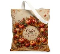 Fruits Canvas Tote Bag, Rustic Cozy Leaves Cider Fall Red Shopping Bags 13x15 Inch, Red, 13x15 Inch