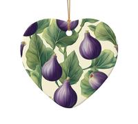 Fruits Fig Leaves Pattern Ceramic Christmas Tree Ornament, Double-Sided Printed Heart Shape Porcelain Hanging Decoration, Elegant Holiday Keepsake for Xmas Tree Home Office Gift Exchange