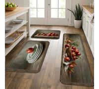 Fruits Kitchen Rugs Sets of 3, Rustic Traditional Plate Bowl Fall Red Washable Comfort Kitchen Carpets for Sink Area Laundry Room Entryway Bathroom