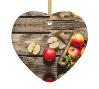 Fruits On Wood Floor Christmas Ceramic Heart Ornament,Double-Sided Printed White Porcelain Hanging Decoration With Gold String For Xmas Tree,Home,Shop,Holiday Decor