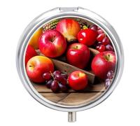 Fruits on Wood Pill Box Dustproof Moistureproof Round Pill Case Portable Travel Small Pill Organizer with 3 Compartments and Mirror