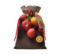 fruits on wood Printed Christmas Drawstring Bags,S | Reusable Xmas Gift Storage Bags, Red Christmas Ribbon