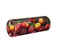Fruits on Wood Printed Cylindrical Leather Pencil Case for Girls Boys, Gold Zipper Pencil Bag Pen Pouch Organizer for Student School Office College