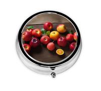 Fruits on Wood Printed Round Pill Organizer with 3 Compartments, Portable Mini Pill Box Pill Case for Medicine, Vitamin, Fish Oil, Supplements