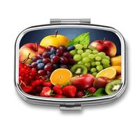 Fruits Pill Organizer with 2 Compartments Metal Square Pill Case Small Pill Box Portable Medicine Box Slim Travel Pill Container Medicine Organizer for Daily Use