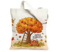 Fruits Tree Canvas Tote Bag, Fanciful Rustic Apples Basket Fall Orange Grocery Bags 13x15 Inch, Orange, 13x15 Inch