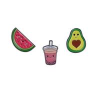 Fruity Cute Snacks Themed Gift Set Collection Of 3 Pin Badges Including A Watermelon Wedge, Bubble Tea And An Avocado Heart Seed