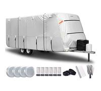 FRUNO Oxford Cloth Travel Trailer RV Cover 21'9"-24' Waterproof Rip-Resistant Anti-UV Camper Cover for Winter Snow with Jack Cover 4 Tire Covers and Gutter Covers
