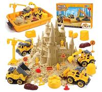 FRUSE Play Construction Sand Kit,Sand Box Toys Set with Play Sand,4 Take Apart Construction Trucks,4 Castle Molds,Sandbox with Lid,Sensory Toys for Kids Boys Girls Age 3-8
