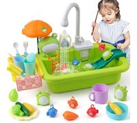 FRUSE Play Sink with Running Water,Kids Play Kitchen Sink Toy with Upgraded Electric Faucet,Kids Kitchen Accessories,Fishing Water Toys,Pretend Role Dishwasher Toy for Boys Girls(Green)