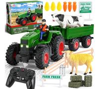 FRUSE Remote Control Tractor Toy,RC Car Set & Truck and Trailer,Tractor Toy with 2 Rechargeable Batteries,Light,Farm Toys Include Cows,Sheep and Hay Bales,Toys for 3 4 5 6 7 8 Years Old Boys Girls