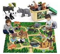 FRUSE Safari Animals Figures Toys with 145x98cm Jumbo Play Mat,12PCS Jungle Zoo Animals Playset with Lion,Elephant,Educational Learning Toys for Kids