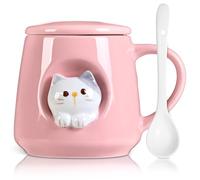 FrutPunch Cute Cat Ceramic Mug 350ml Pink for Women, Girls, Kids | Premium Ceramic, with Lid and Spoon, Dishwasher, Microwave, Sterilizer Safe, Great Gift for Family & Friends