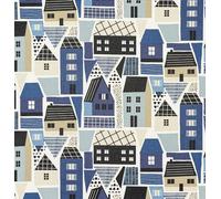 Fryett's Cotton Curtain Upholstery Fabric - Clovelly Seaside Houses Cottages Blue & Cream Print - Width 140cm - Home Furnishings Craft Projects Material Per Metre