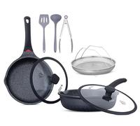 Frying Pan Set, Non Stick Cookware Set, Extra Deep, Anti Scratch, Ceramic Coated, Chemical Free, Induction Compatiable, Heat Sensor Handle, with Utencils 10 Pieces Set
