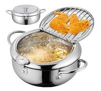 Frying Pot Japanese Deep Fryer Pot 3.2 L Stainless Steel Janpanese Tempura Frying Pot with Temperature ＆ Oil Drip Drainer Rack 9.4'' Small Fry Pot with Handles for Kitchen Fish Shrimp French Fries