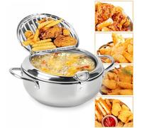 Frying Pot, Pot with Strainer Insert, Multifunctional Oil Strainer Pot with Thermometer and Lid, Grease Container, Stainless Steel Bacon for the Kitchen for French Chips, Chicken Wings and Shrimp